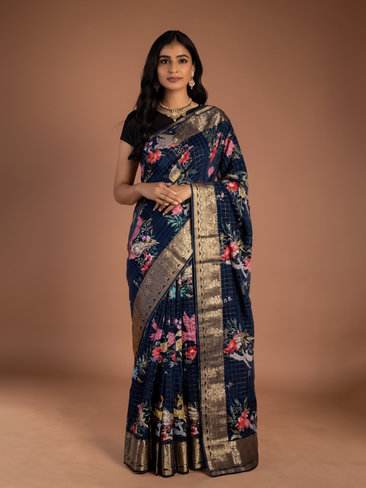 Navy Blue Banarasi Saree - Where Nature Dances on Silk