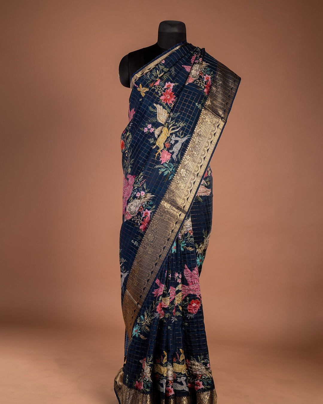 Navy Blue Banarasi Saree - Where Nature Dances on Silk