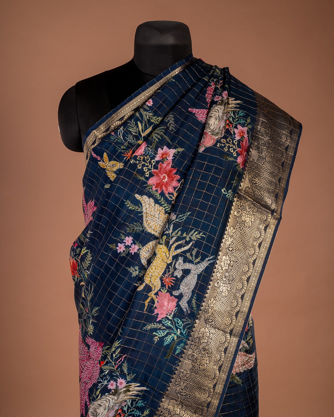Navy Blue Banarasi Saree - Where Nature Dances on Silk