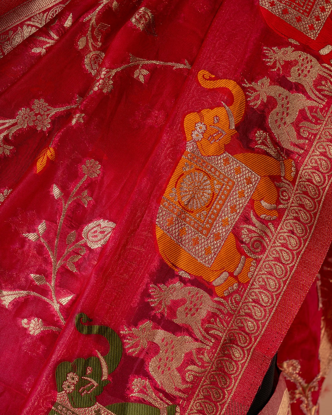 Rani Pink Soft Katan Silk Saree with Jangla Jaal & Royal Elephant Motifs - A Drape That Echoes Royal Celebrations