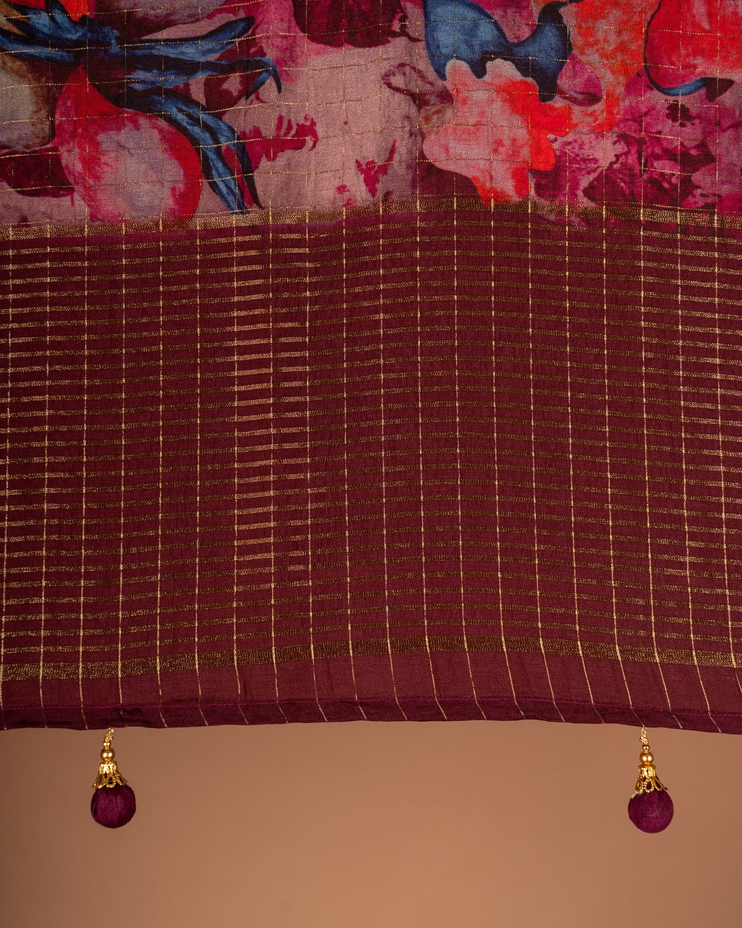 Wine Purple Banarasi Silk Saree with Bold Floral Prints - A Floral Fantasy Draped in Banarasi Elegance