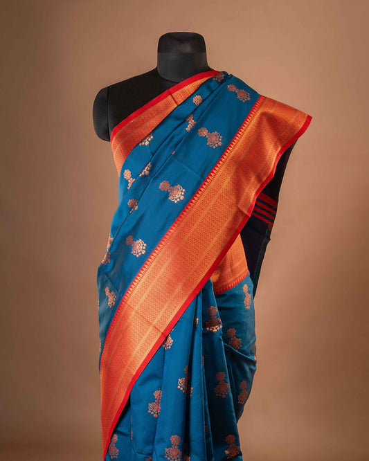 Royal Blue Paithani Saree with Rich Red Zari Border & Intricate Butti Work
