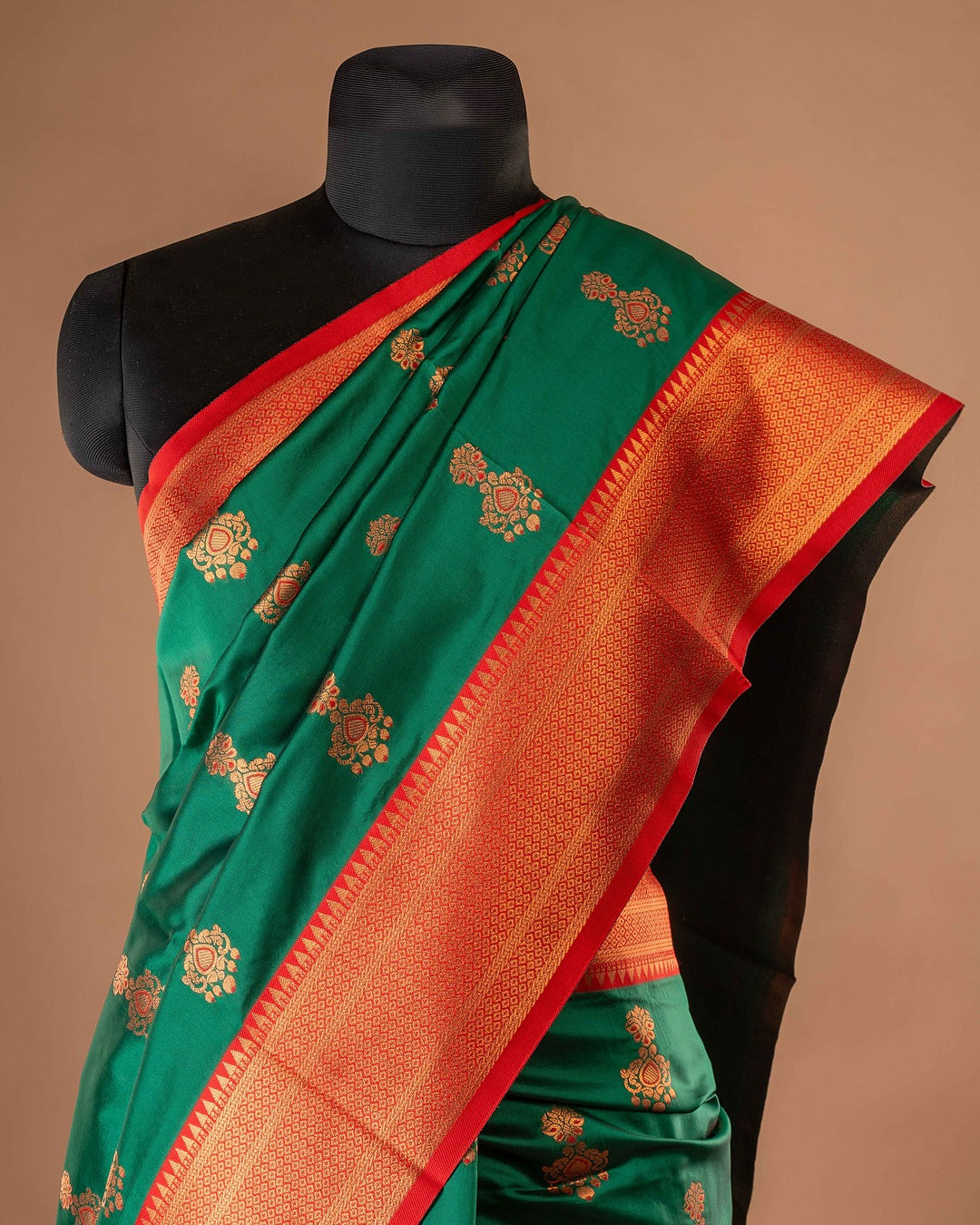 Kanya Kathaa Green Paithani Saree with Red Zari Border & Golden Butti Motifs