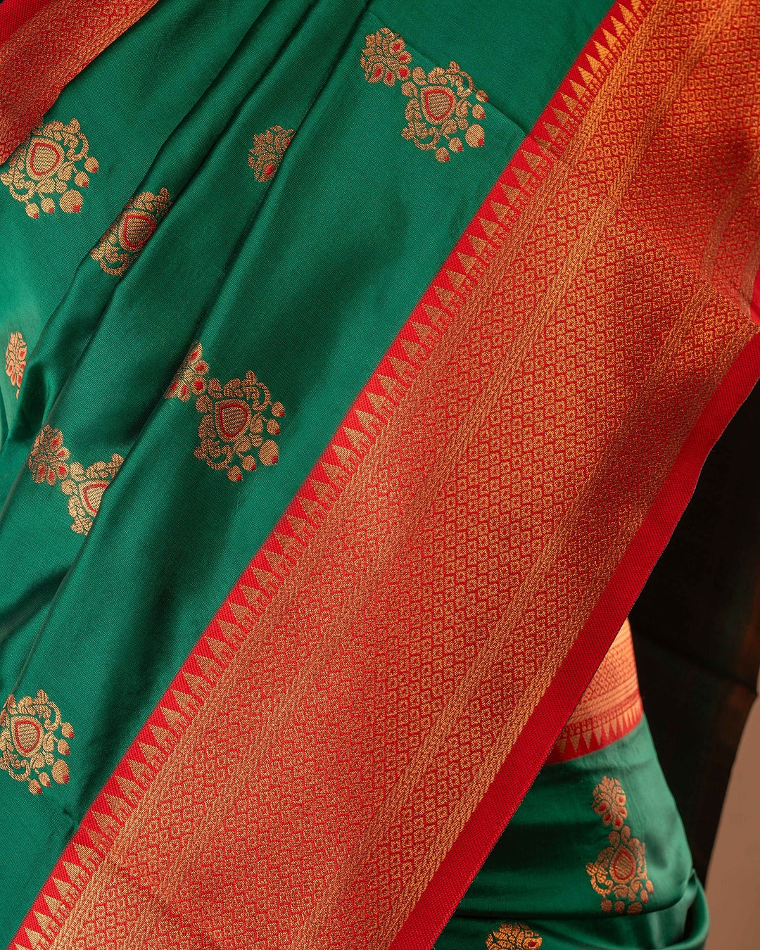 Kanya Kathaa Green Paithani Saree with Red Zari Border & Golden Butti Motifs