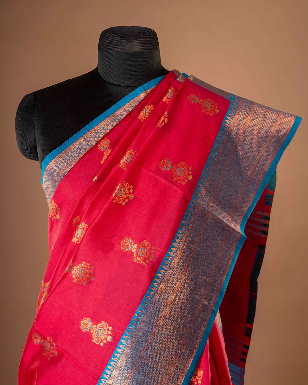 Kanya Kathaa Red Paithani Saree with Blue Zari Border & Peacock Motif Pallu