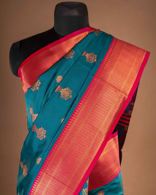 Kanya Kathaa β Teal Blue Paithani Saree with Coral Red Border & Golden Zari