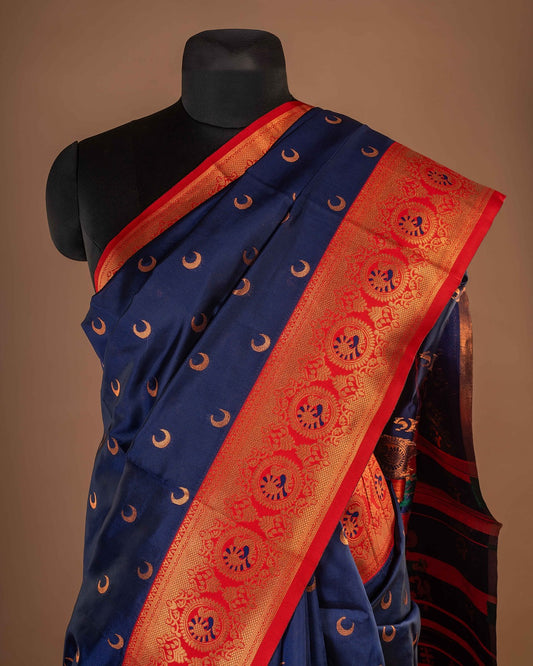 Kanya Kathaa β Royal Blue Paithani Saree with Red Border & Traditional Zari Work