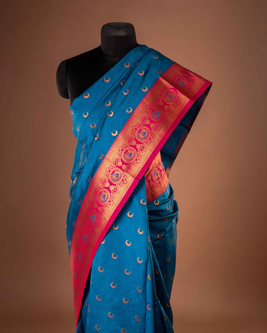 Kanya Kathaa β Peacock Blue Paithani Saree with Pink Border & Golden Zari