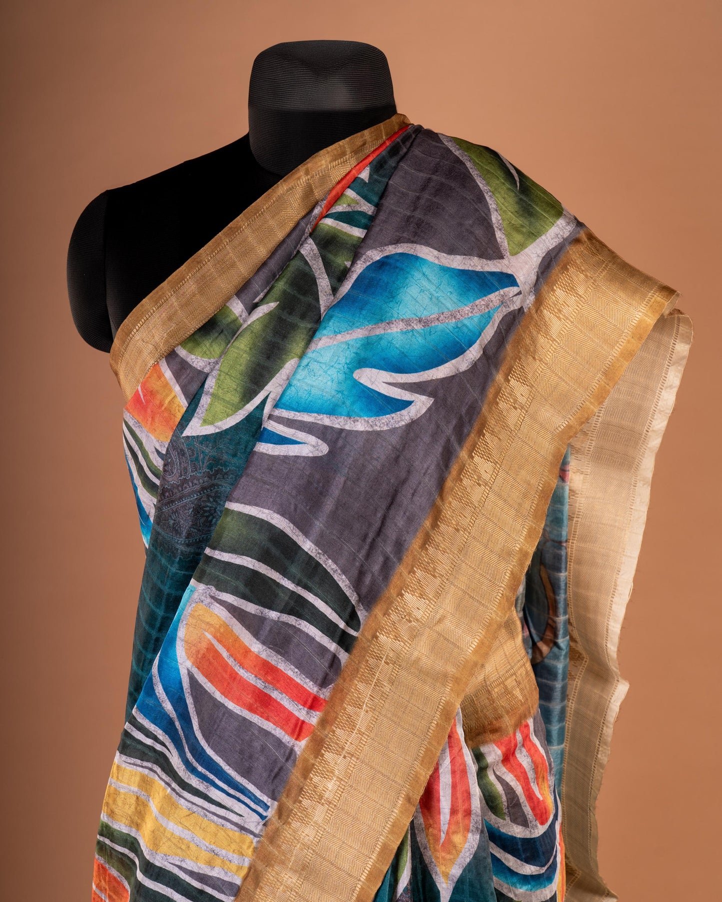 Bold Strokes of Elegance Hand-Painted Teal Saree - Where Art Meets Tradition in Every Drape