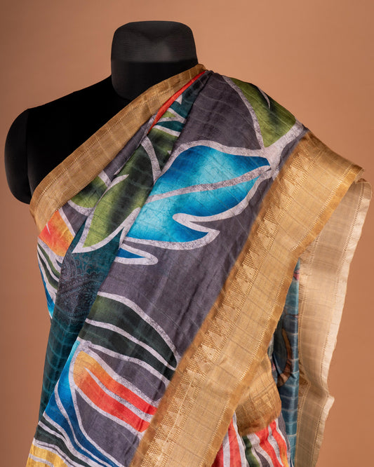 Bold Strokes of Elegance Hand-Painted Teal Saree - Where Art Meets Tradition in Every Drape