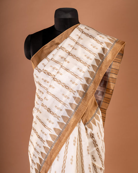 Grace in Simplicity Ivory Ikat Saree with Golden Elegance - Subtle Sophistication Woven with Heritage Charm
