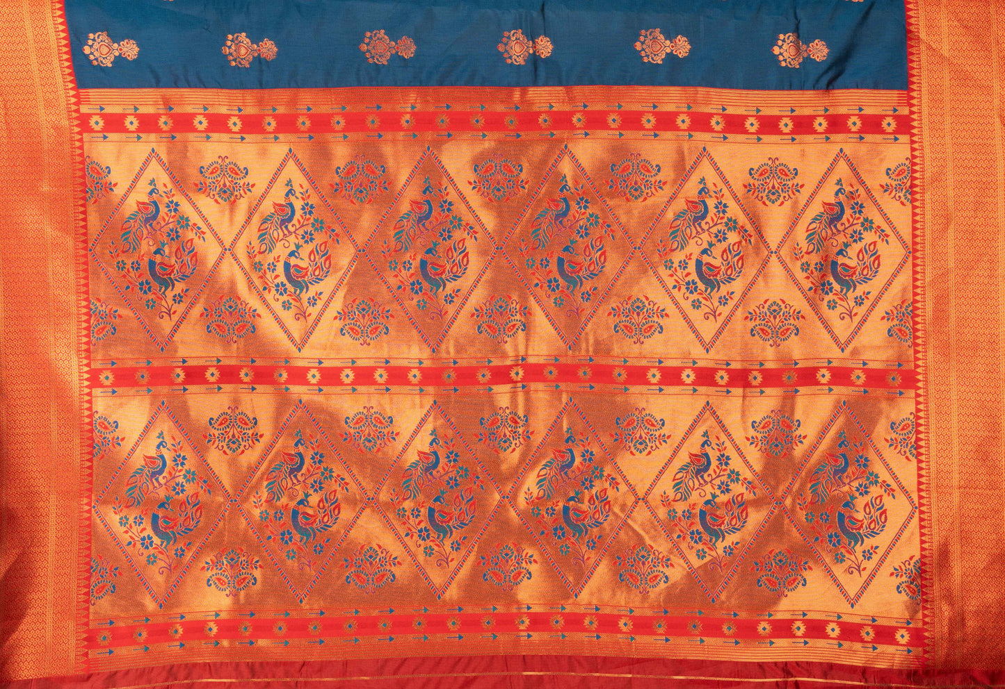 Royal Blue Paithani Saree with Rich Red Zari Border & Intricate Butti Work