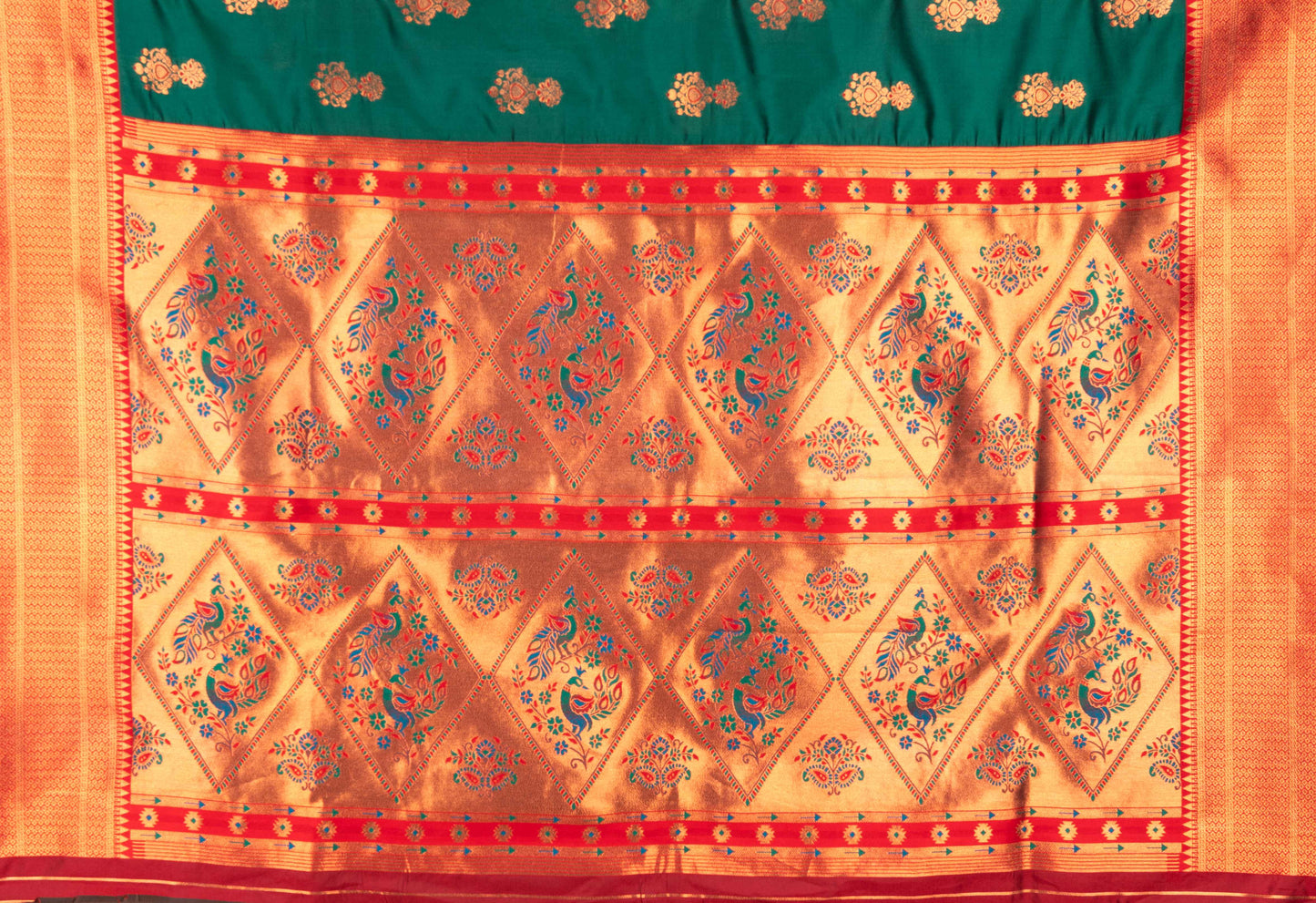 Kanya Kathaa Green Paithani Saree with Red Zari Border & Golden Butti Motifs