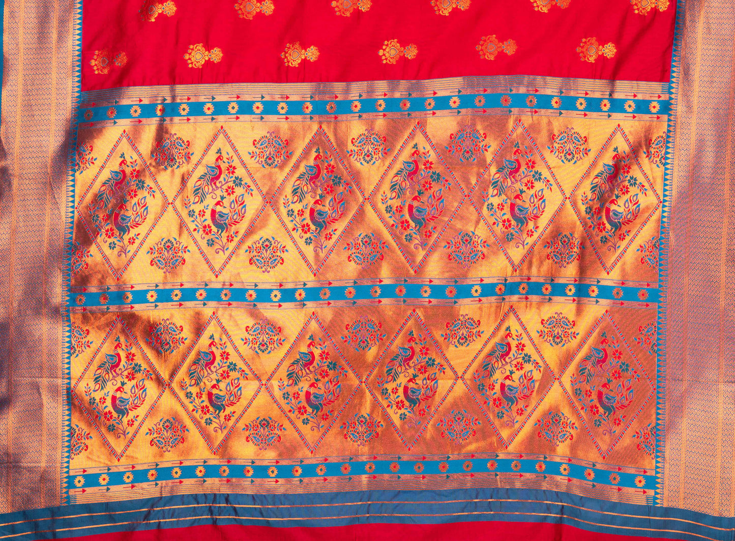 Kanya Kathaa Red Paithani Saree with Blue Zari Border & Peacock Motif Pallu