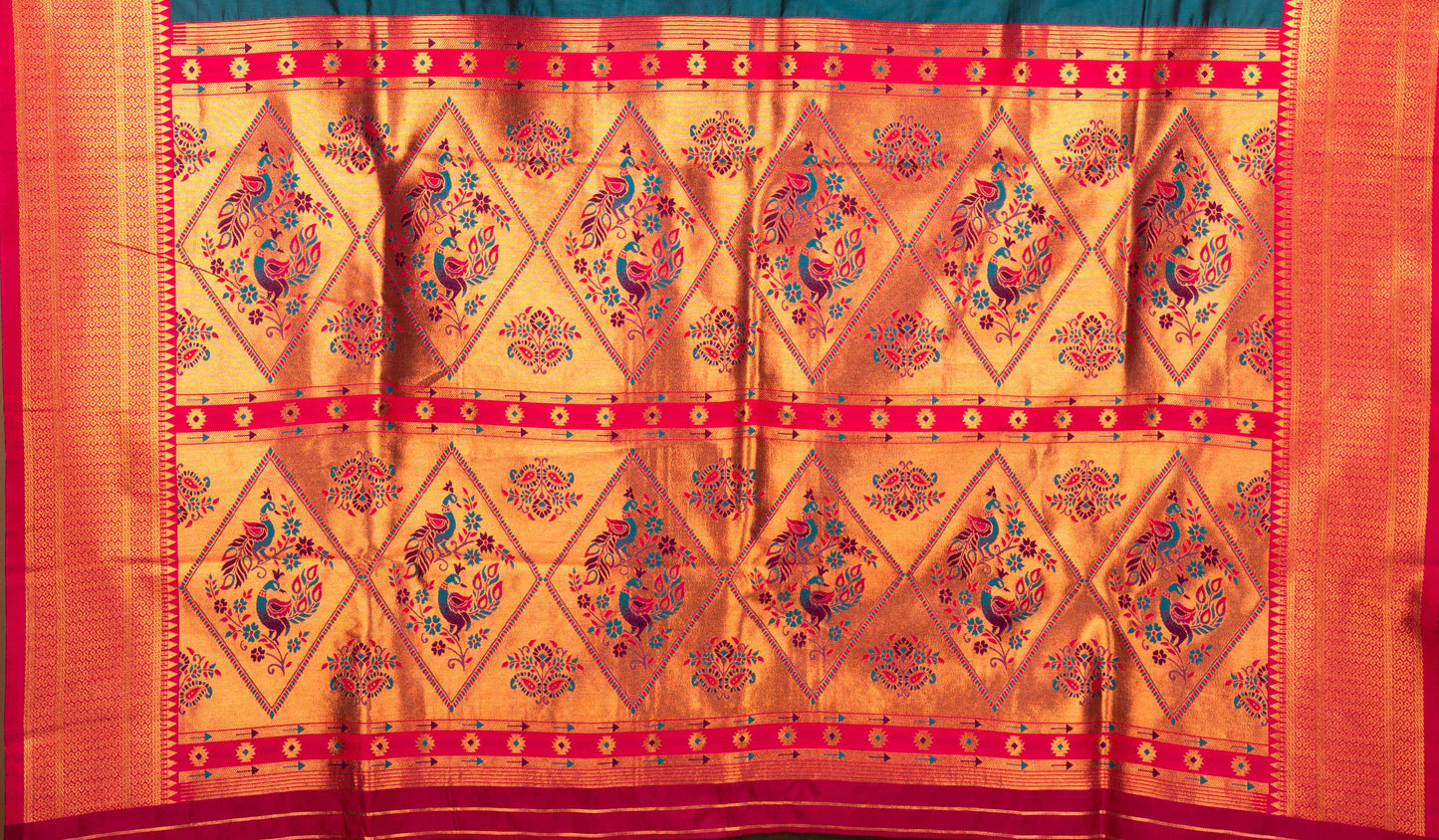 Kanya Kathaa β Teal Blue Paithani Saree with Coral Red Border & Golden Zari
