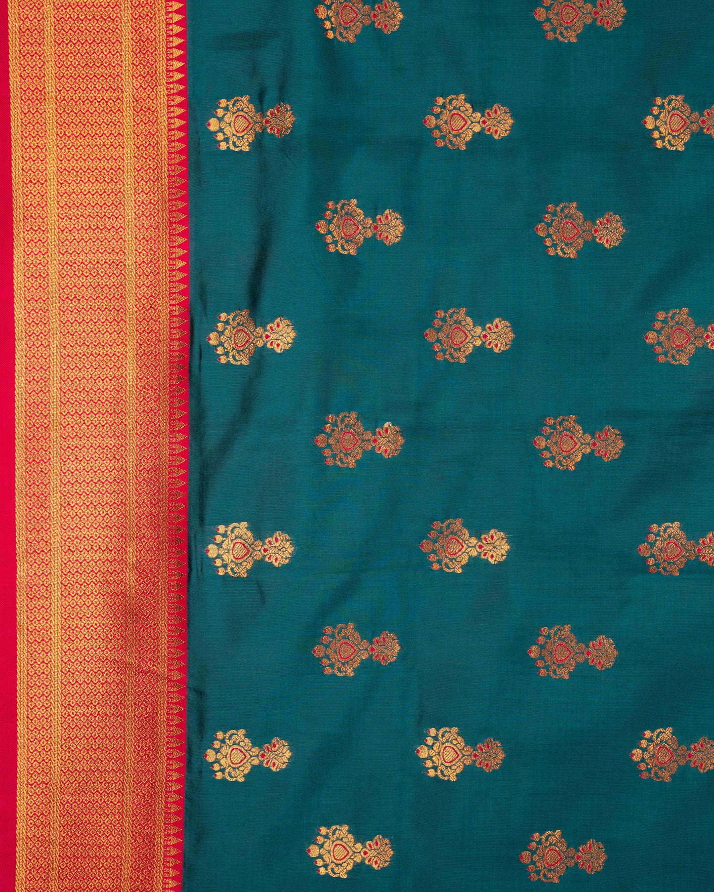 Kanya Kathaa β Teal Blue Paithani Saree with Coral Red Border & Golden Zari