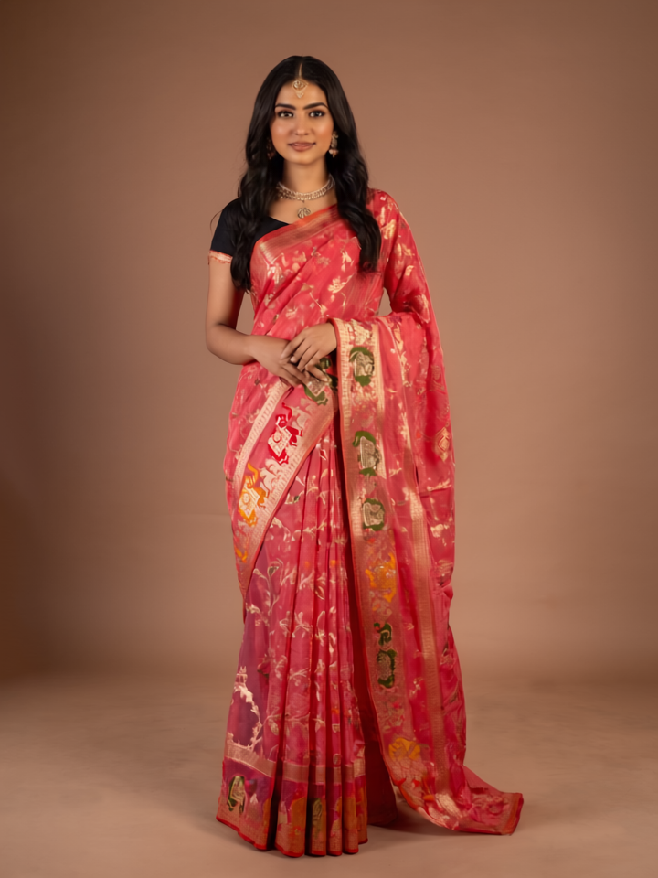 Pink Banarasi Silk Saree with Majestic Elephant Motifs - Whispers of Royalty in Pink