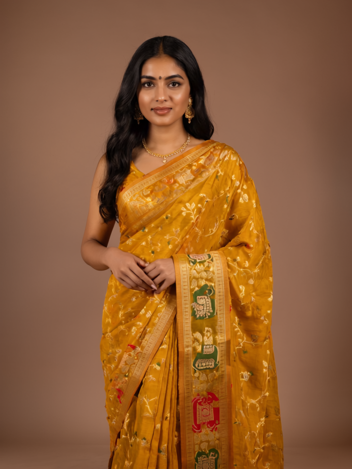 Mustard Jangla Jaal Katan Silk Saree - Celebrating Culture in Rich Banarasi Weaves