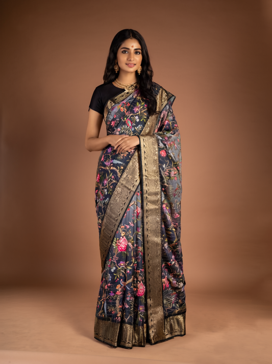 The Floral Charcoal Banarasi Saree - Grace in Every Bloom, Charm in Every Weave