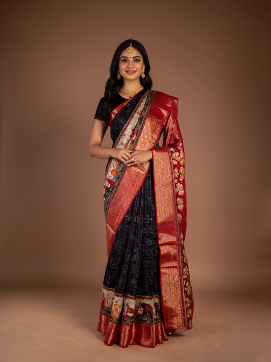 Black Banarasi Saree with Royal Procession Border -  Saree That Glows with Elegance