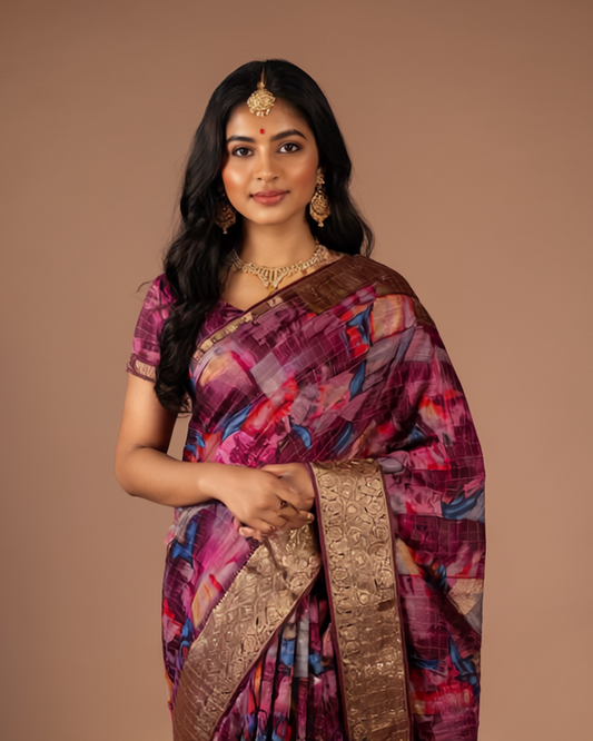 Wine Purple Banarasi Silk Saree with Bold Floral Prints - A Floral Fantasy Draped in Banarasi Elegance