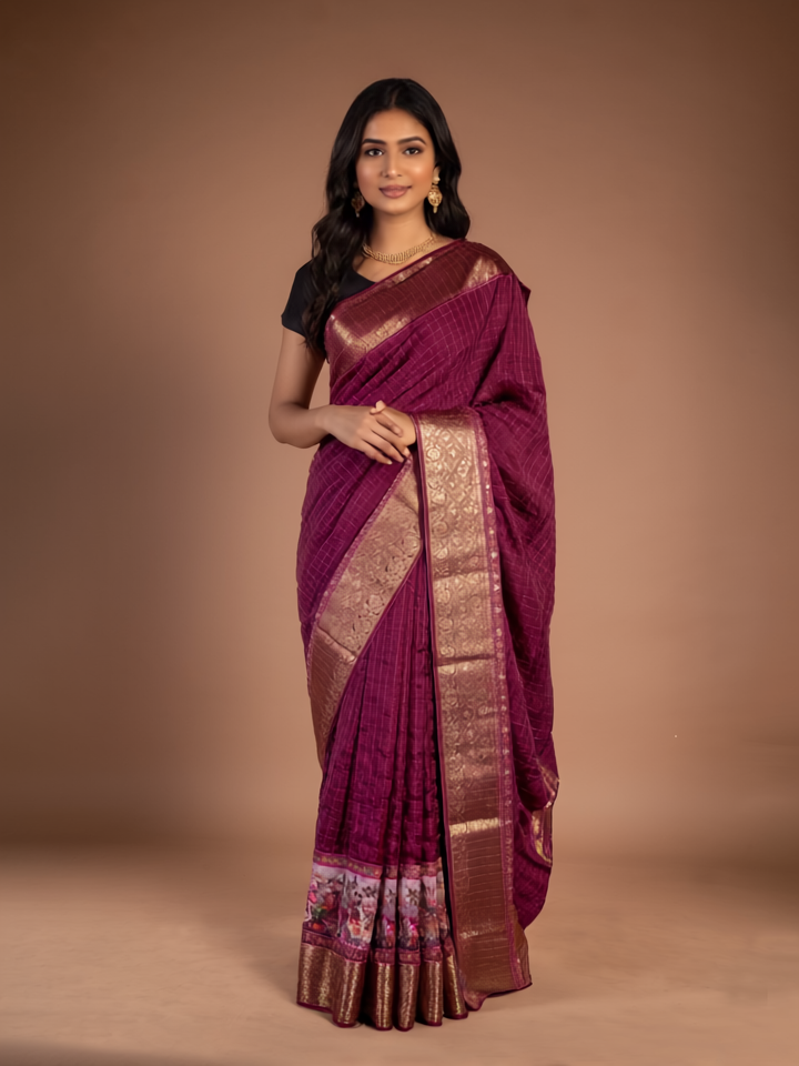 Woman wearing a maroon saree with gold border on a brown background