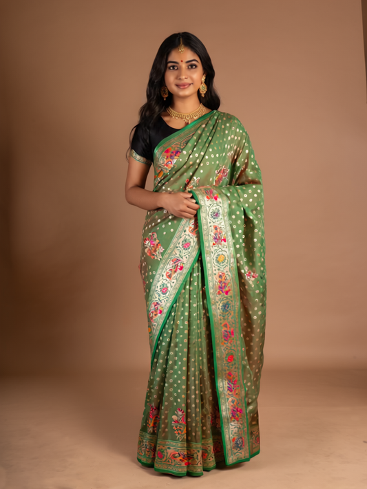 Grace in Green – Traditional Elegance Redefined - Drape Yourself in Culture with a Touch of Floral Charm