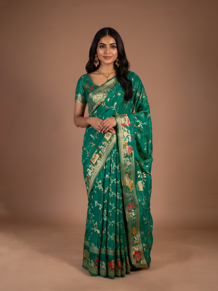 Emerald Green Banarasi Saree with Elephant Motifs - Step into Royalty with Every Pleat