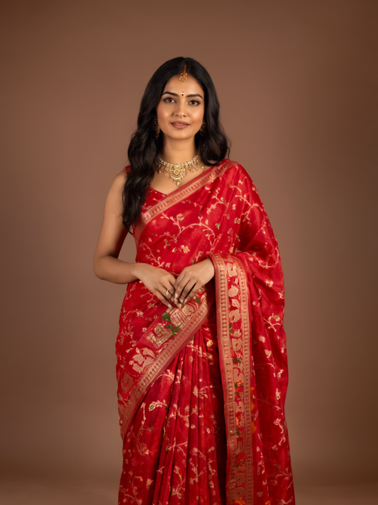 Red Banarasi Silk Saree with floral embroidery/ Red Soft Katan Silk with Intricate Jaal & Zari Elephant Motifs - Drape Yourself in the Legacy of Jangla Elegance