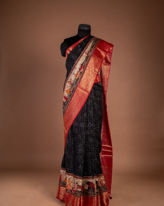 Black Banarasi Saree with Royal Procession Border -  Saree That Glows with Elegance