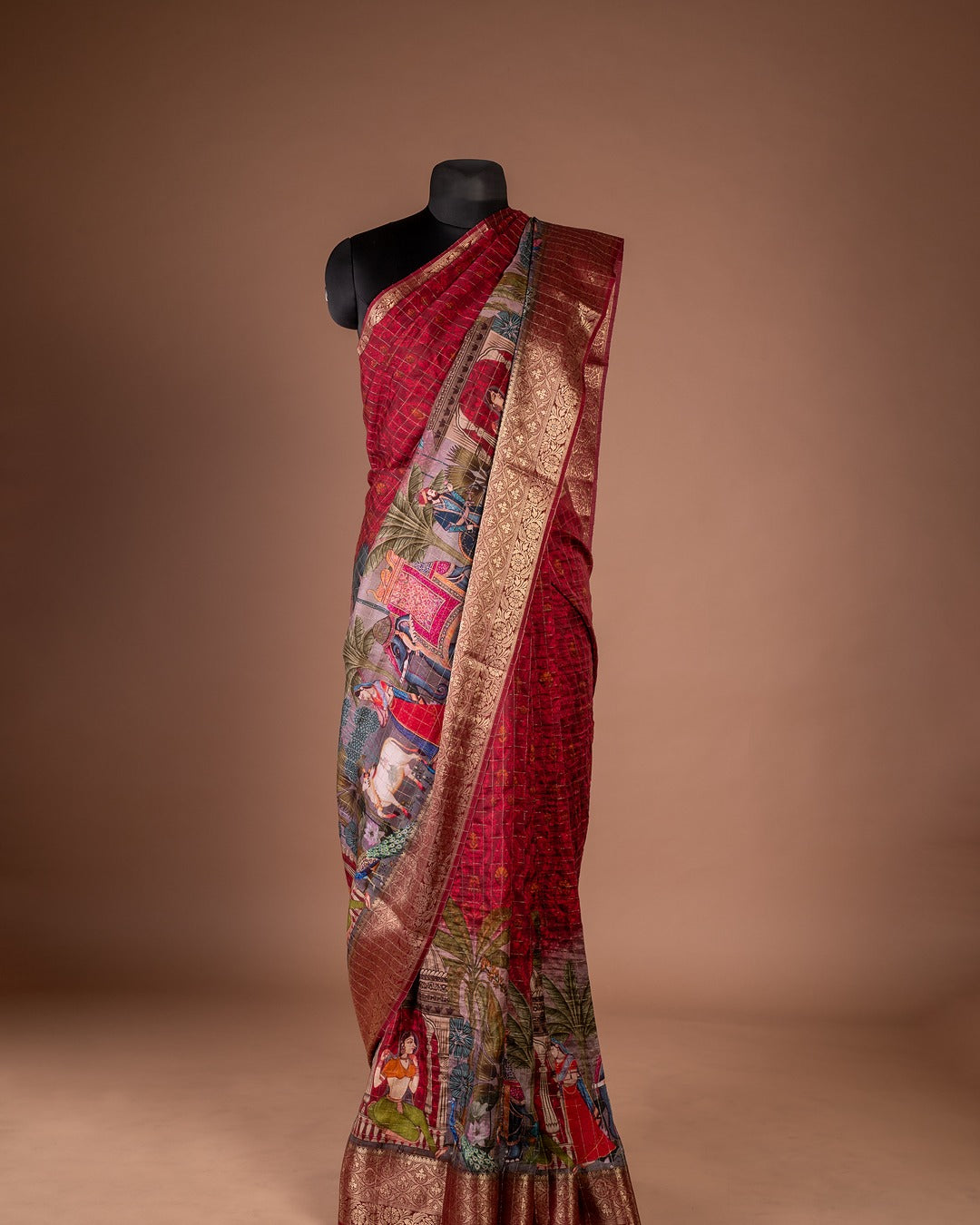 Maroon Banarasi Silk Saree with Majestic Palace Motifs - Royal Legacy, Woven in Threads
