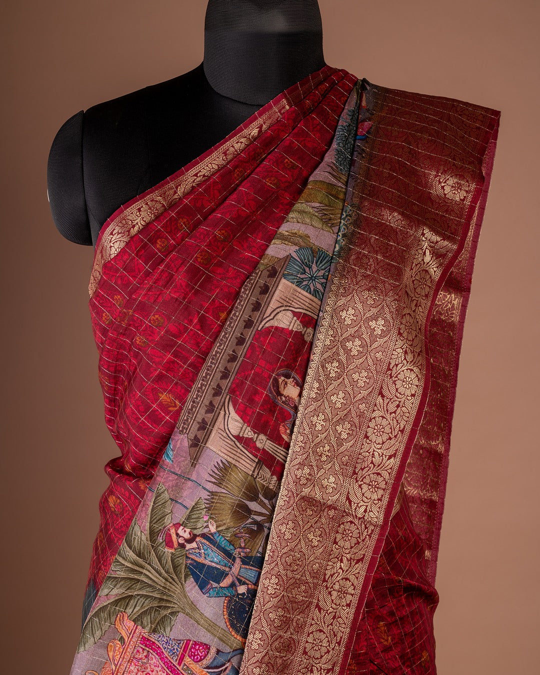 Maroon Banarasi Silk Saree with Majestic Palace Motifs - Royal Legacy, Woven in Threads