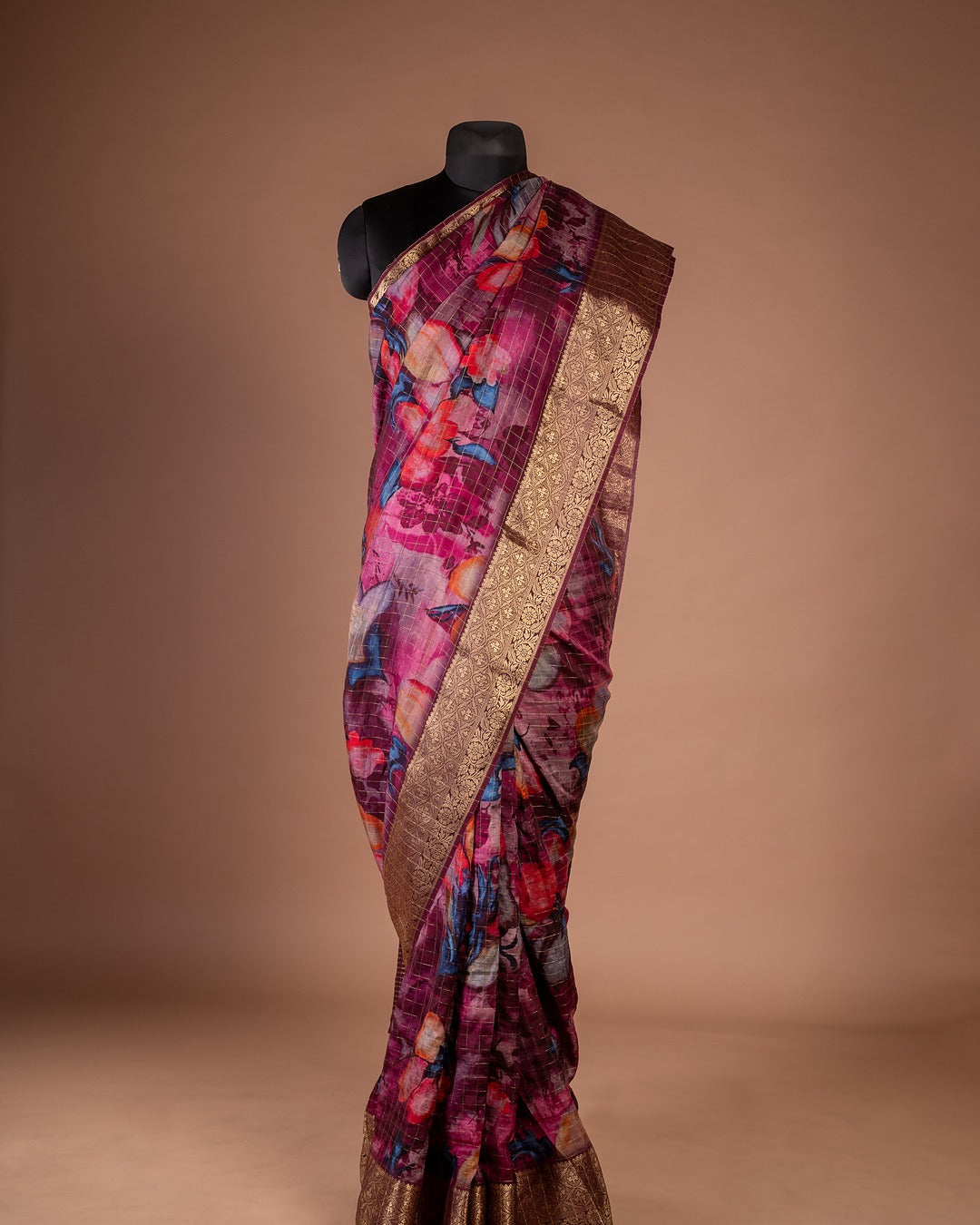 Wine Purple Banarasi Silk Saree with Bold Floral Prints - A Floral Fantasy Draped in Banarasi Elegance
