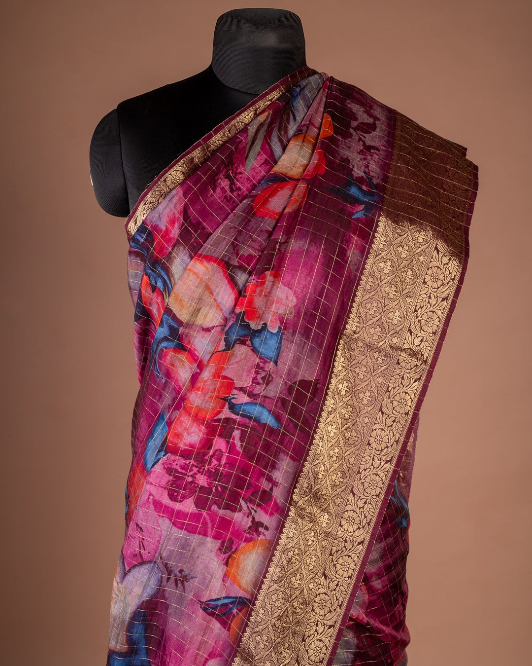Wine Purple Banarasi Silk Saree with Bold Floral Prints - A Floral Fantasy Draped in Banarasi Elegance