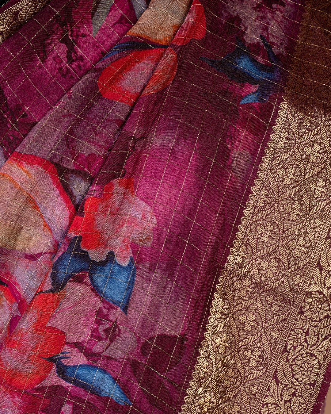 Wine Purple Banarasi Silk Saree with Bold Floral Prints - A Floral Fantasy Draped in Banarasi Elegance