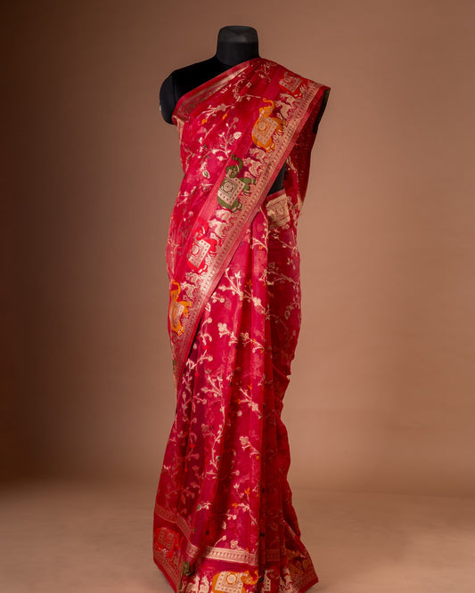 Rani Pink Soft Katan Silk Saree with Jangla Jaal & Royal Elephant Motifs - A Drape That Echoes Royal Celebrations