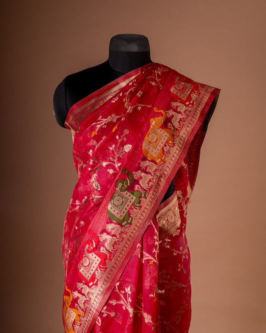 Rani Pink Soft Katan Silk Saree with Jangla Jaal & Royal Elephant Motifs - A Drape That Echoes Royal Celebrations