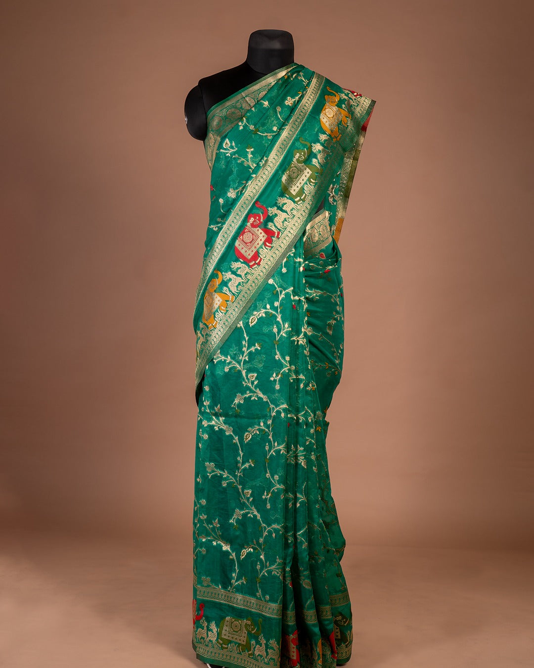 Emerald Green Banarasi Saree with Elephant Motifs - Step into Royalty with Every Pleat
