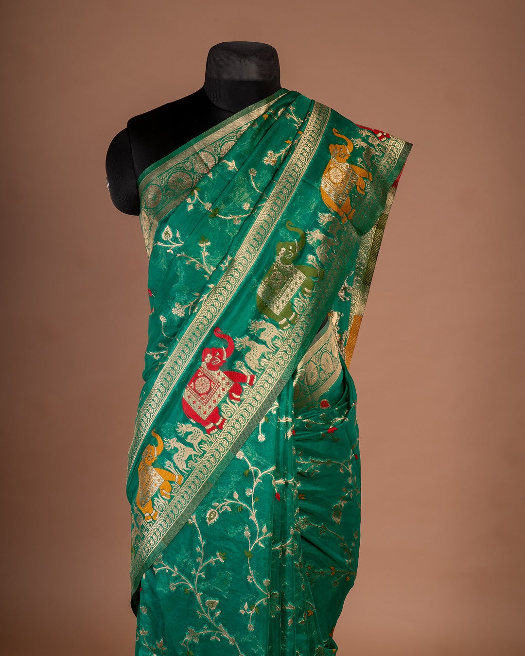 Emerald Green Banarasi Saree with Elephant Motifs - Step into Royalty with Every Pleat