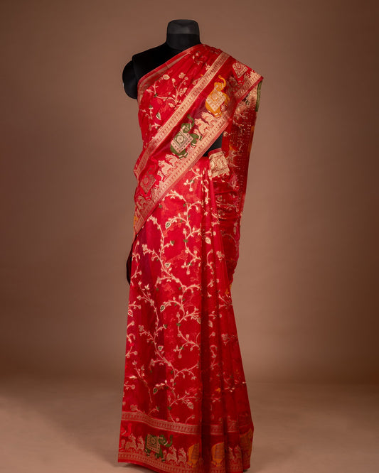 Red Banarasi Silk Saree with floral embroidery/ Red Soft Katan Silk with Intricate Jaal & Zari Elephant Motifs - Drape Yourself in the Legacy of Jangla Elegance