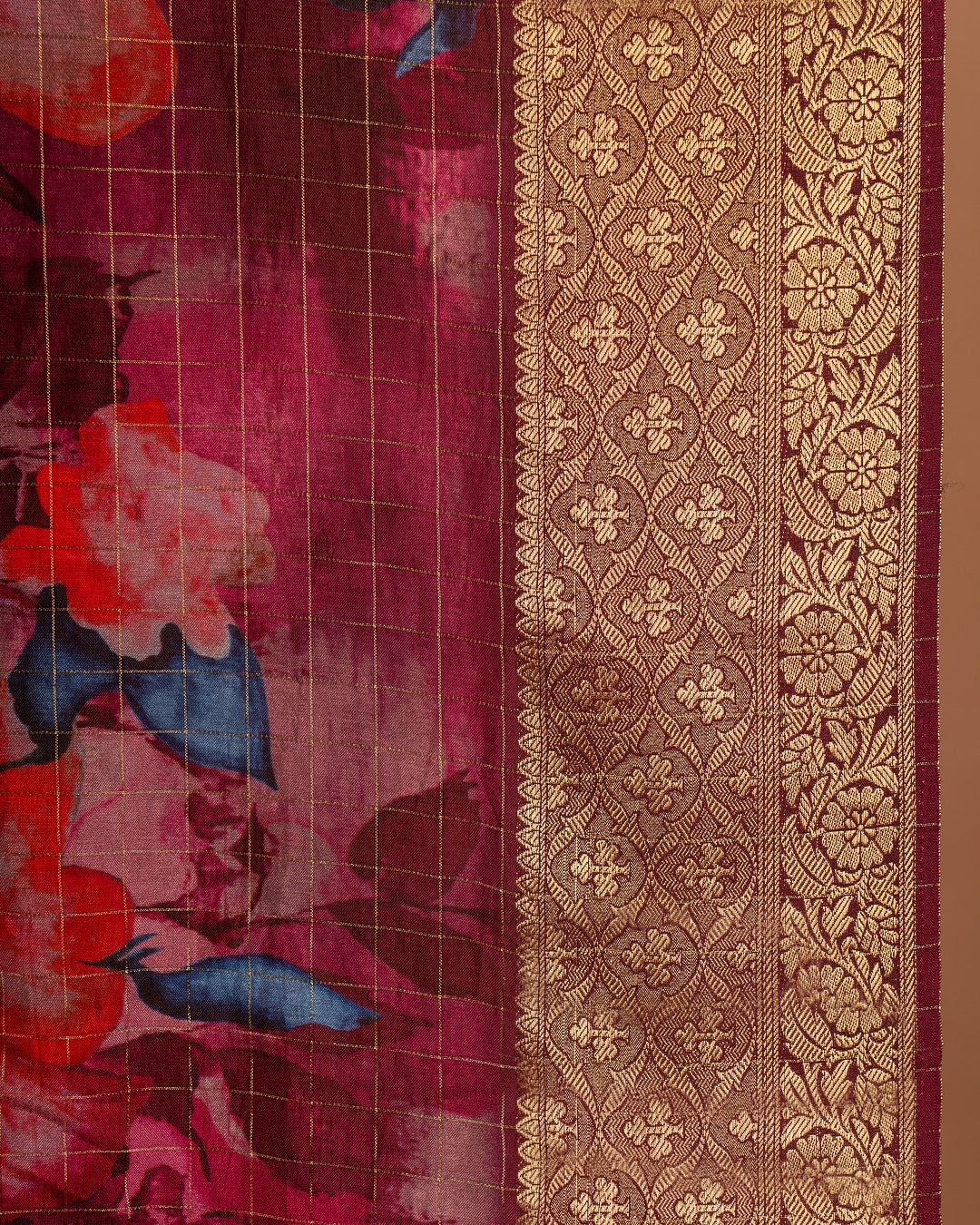 Wine Purple Banarasi Silk Saree with Bold Floral Prints - A Floral Fantasy Draped in Banarasi Elegance