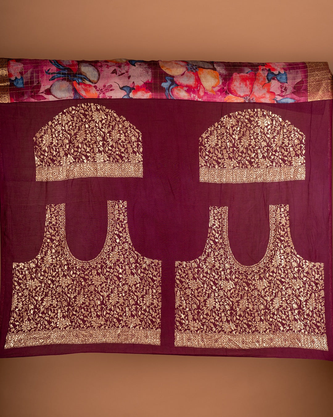 Wine Purple Banarasi Silk Saree with Bold Floral Prints - A Floral Fantasy Draped in Banarasi Elegance