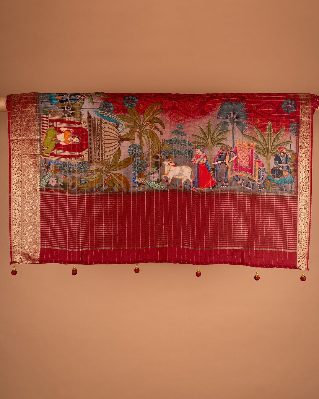 Maroon Banarasi Silk Saree with Majestic Palace Motifs - Royal Legacy, Woven in Threads