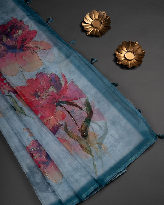 Whispering Florals on a Sky Blue Canvas - Breeze Through Beauty in Every Drape