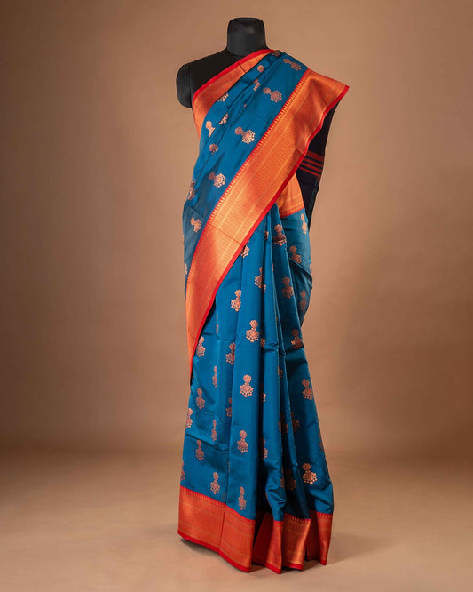 Royal Blue Paithani Saree with Rich Red Zari Border & Intricate Butti Work