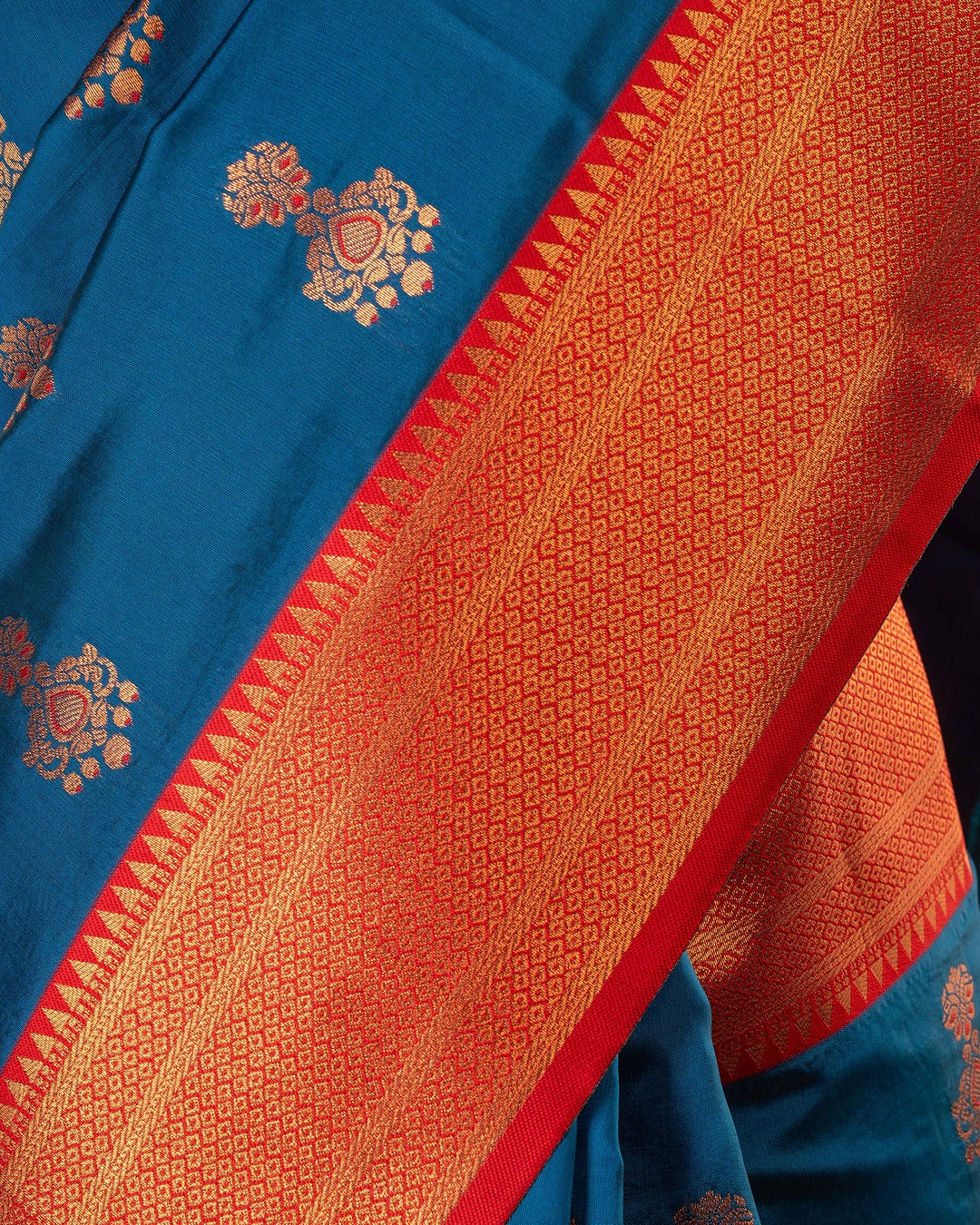 Royal Blue Paithani Saree with Rich Red Zari Border & Intricate Butti Work