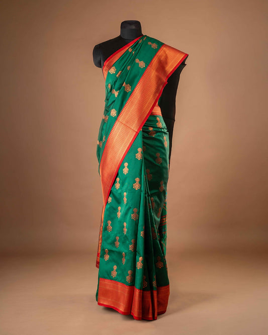 Kanya Kathaa Green Paithani Saree with Red Zari Border & Golden Butti Motifs