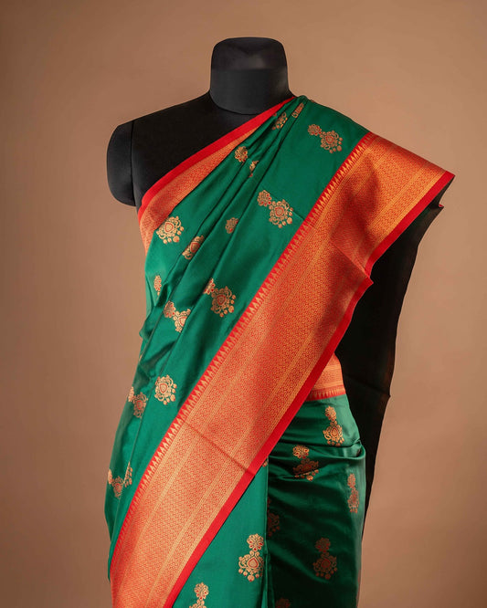Kanya Kathaa Green Paithani Saree with Red Zari Border & Golden Butti Motifs