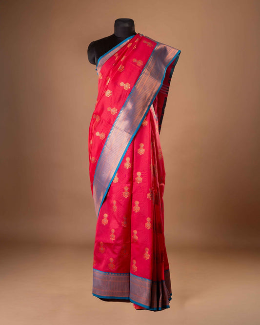 Kanya Kathaa Red Paithani Saree with Blue Zari Border & Peacock Motif Pallu