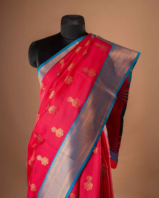 Kanya Kathaa Red Paithani Saree with Blue Zari Border & Peacock Motif Pallu